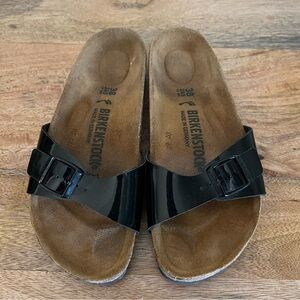 Birkenstock Madrid Birko-Flor Black Patent Cork Sandal Size 7-7.5